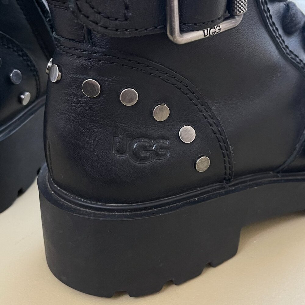 Ugg Zorrah Boots 6 Moto Combat Black Leather Silver Studs Side Zip Strap Buckle - Picture 10 of 16